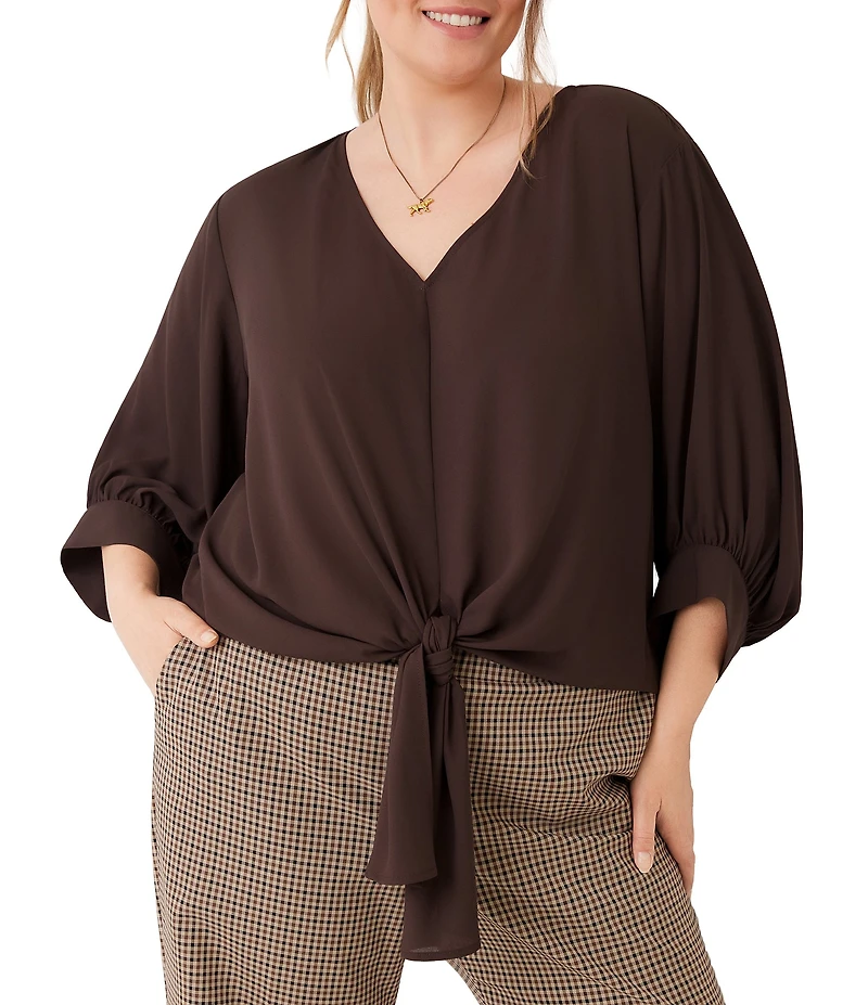 Karen Kane Plus Size Silky Crepe V-Neck 3/4 Blouson Sleeve Tie Front Top