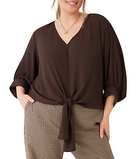 Karen Kane Plus Size Silky Crepe V-Neck 3/4 Blouson Sleeve Tie Front Top