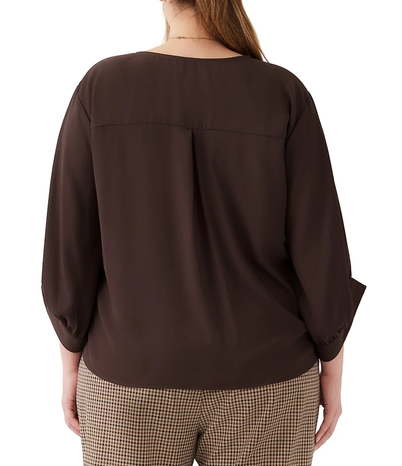 Karen Kane Plus Size Silky Crepe V-Neck 3/4 Blouson Sleeve Tie Front Top