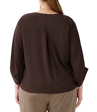 Karen Kane Plus Size Silky Crepe V-Neck 3/4 Blouson Sleeve Tie Front Top