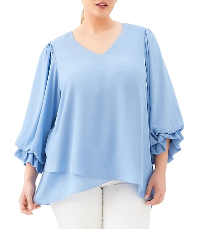 Karen Kane Plus Size Silky Crepe V-Neck 3/4 Flared Sleeve Asymmetric Hem Top