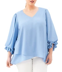 Karen Kane Plus Size Silky Crepe V-Neck 3/4 Flared Sleeve Asymmetric Hem Top
