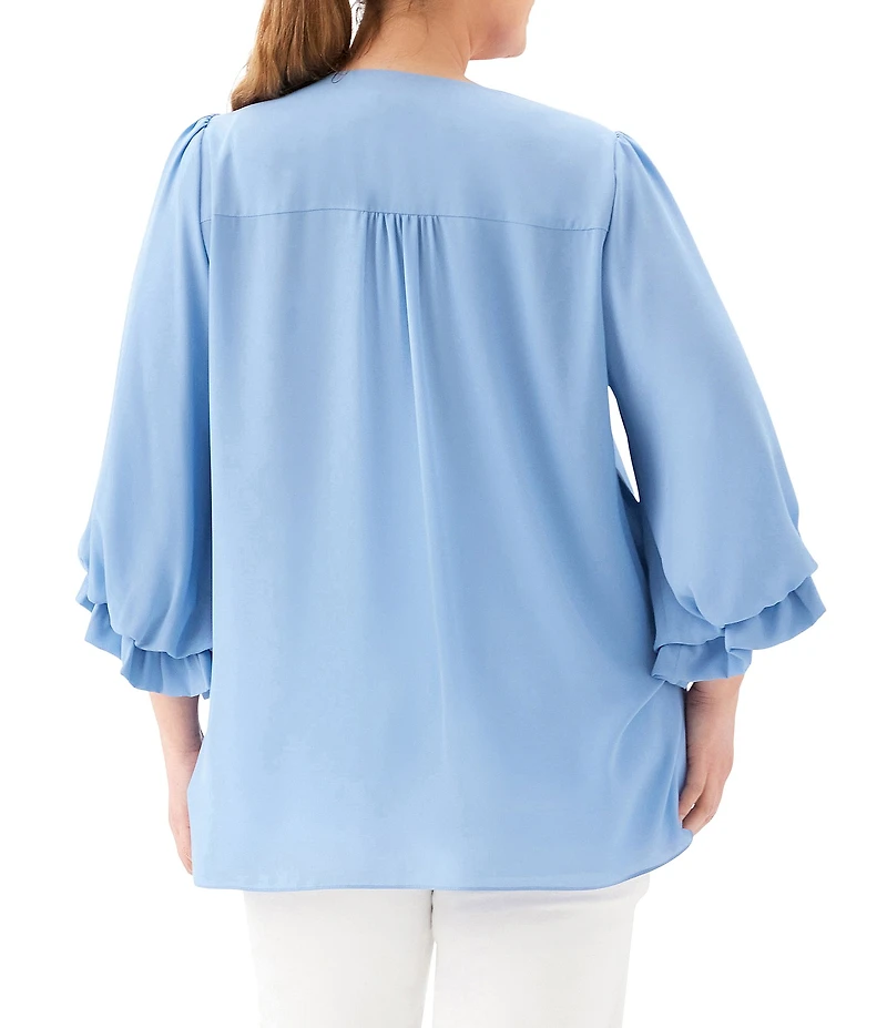 Karen Kane Plus Size Silky Crepe V-Neck 3/4 Flared Sleeve Asymmetric Hem Top