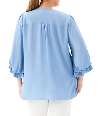 Karen Kane Plus Size Silky Crepe V-Neck 3/4 Flared Sleeve Asymmetric Hem Top