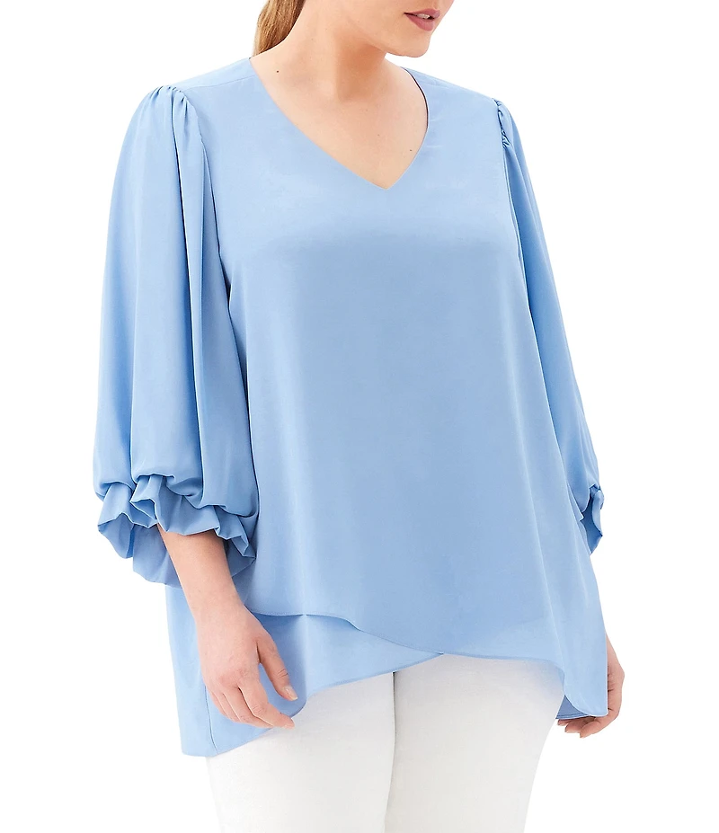 Karen Kane Plus Size Silky Crepe V-Neck 3/4 Flared Sleeve Asymmetric Hem Top
