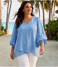 Karen Kane Plus Size Silky Crepe V-Neck 3/4 Flared Sleeve Asymmetric Hem Top
