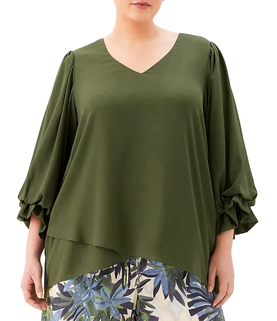 Karen Kane Plus Size Silky Crepe V-Neck 3/4 Flared Sleeve Asymmetric Hem Top