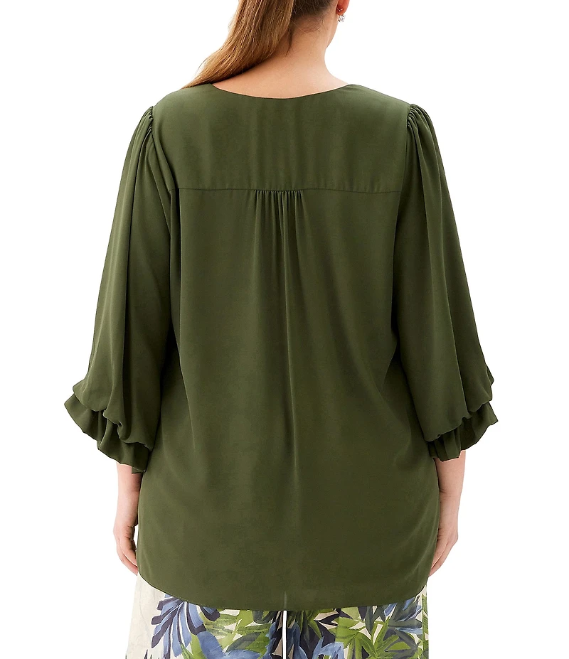 Karen Kane Plus Size Silky Crepe V-Neck 3/4 Flared Sleeve Asymmetric Hem Top
