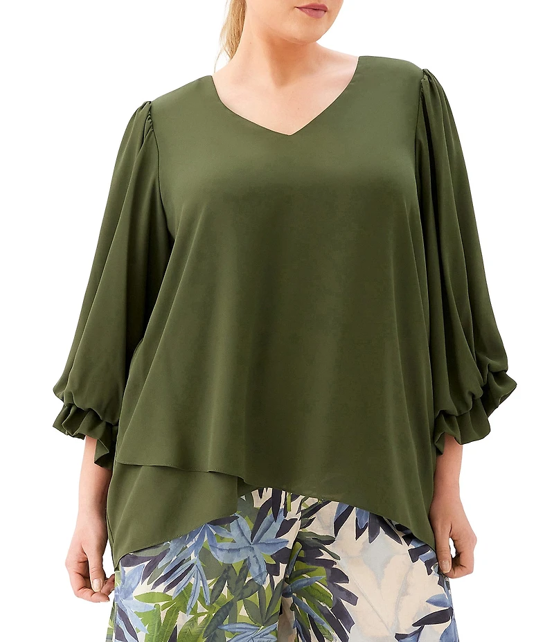 Karen Kane Plus Size Silky Crepe V-Neck 3/4 Flared Sleeve Asymmetric Hem Top