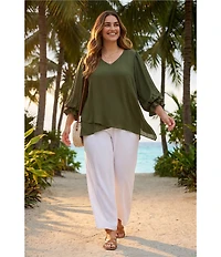 Karen Kane Plus Size Silky Crepe V-Neck 3/4 Flared Sleeve Asymmetric Hem Top