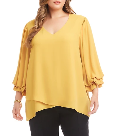 Karen Kane Plus Size Silky Crepe V-Neck 3/4 Lantern Sleeve Asymmetric Crossover Hem Top