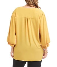 Karen Kane Plus Size Silky Crepe V-Neck 3/4 Lantern Sleeve Asymmetric Crossover Hem Top