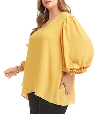 Karen Kane Plus Size Silky Crepe V-Neck 3/4 Lantern Sleeve Asymmetric Crossover Hem Top