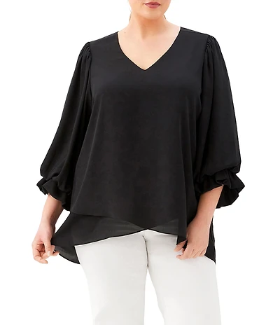Karen Kane Plus Size Silky Crepe V-Neck Layered Sleeve Asymmetric Hem Top
