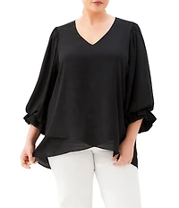 Karen Kane Plus Size Silky Crepe V-Neck Layered Sleeve Asymmetric Hem Top