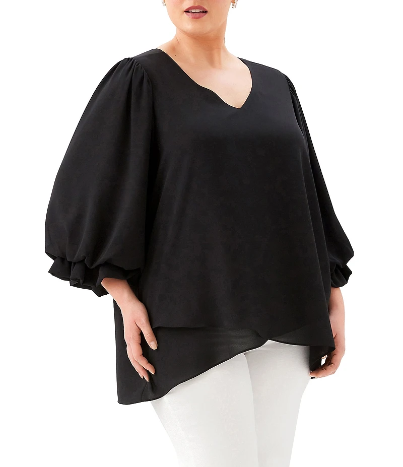 Karen Kane Plus Size Silky Crepe V-Neck Layered Sleeve Asymmetric Hem Top