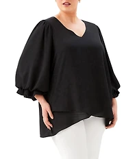 Karen Kane Plus Size Silky Crepe V-Neck Layered Sleeve Asymmetric Hem Top