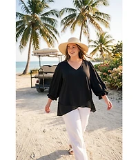 Karen Kane Plus Size Silky Crepe V-Neck Layered Sleeve Asymmetric Hem Top