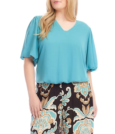 Karen Kane Plus Size Silky Crepe V-Neck Short Puff Sleeve Top