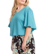 Karen Kane Plus Size Silky Crepe V-Neck Short Puff Sleeve Top