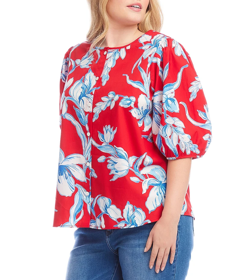 Karen Kane Plus Size Soft Cotton Printed Scoop Neck Puff Elbow Sleeve Shirt