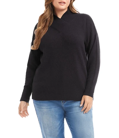 Karen Kane Plus Size Soft Knit Blend Crossover Mock Neck Long Sleeve Sweater