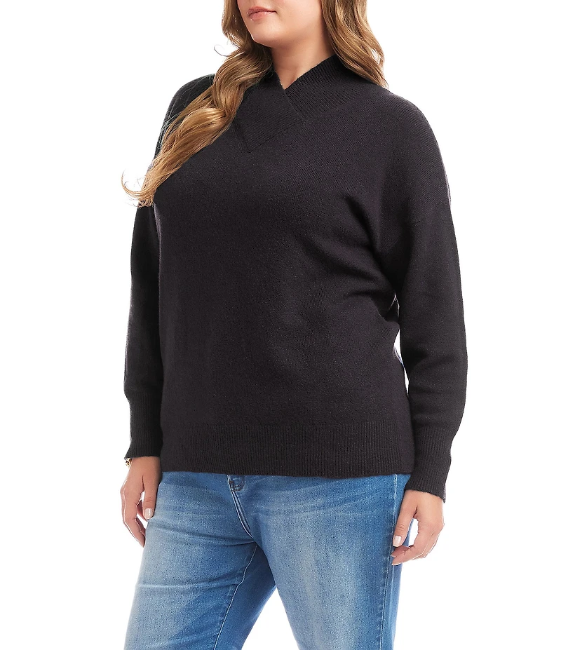 Karen Kane Plus Size Soft Knit Blend Crossover Mock Neck Long Sleeve Sweater