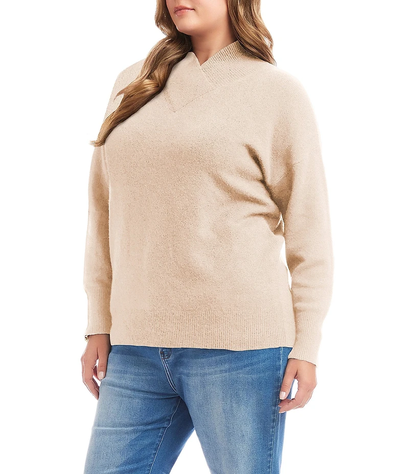 Karen Kane Plus Size Soft Knit Blend Crossover Mock Neck Long Sleeve Sweater