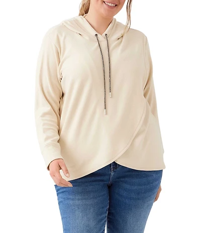 Karen Kane Plus Size Sparkle Rhinestone Drawstring Long Sleeve Crossover Hooded Sweatshirt