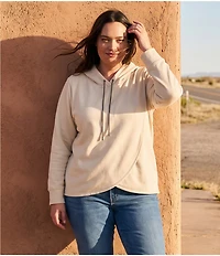 Karen Kane Plus Size Sparkle Rhinestone Drawstring Long Sleeve Crossover Hooded Sweatshirt