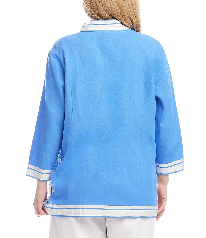 Karen Kane Plus Size St. Tropez Mandarin V-Neck Bracelet Sleeve Contrast Trim Tunic