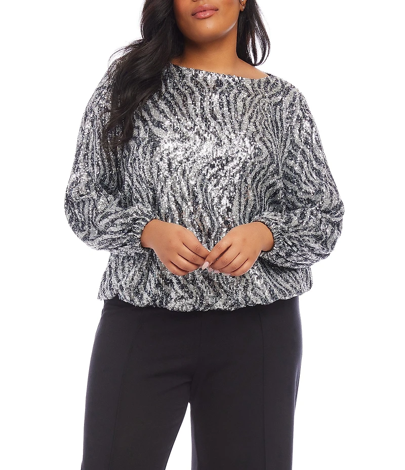 Karen Kane Plus Size Stretch Sequin Zebra Boat Neck Long Sleeve Top