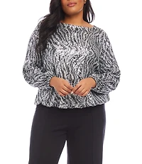 Karen Kane Plus Size Stretch Sequin Zebra Boat Neck Long Sleeve Top