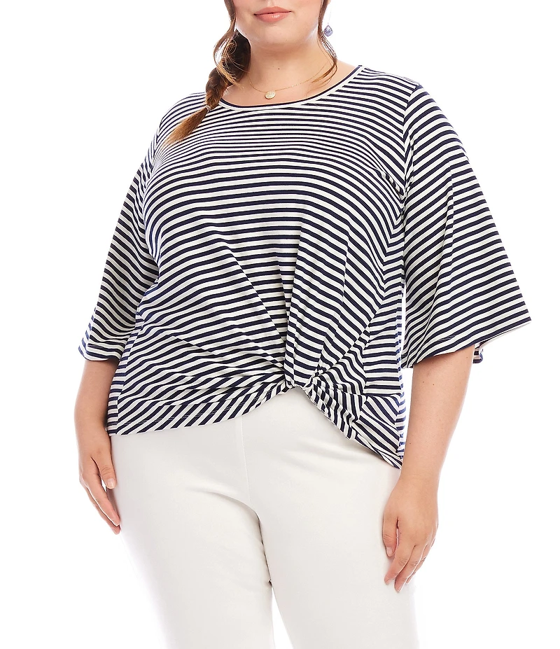 Karen Kane Plus Size Stripe Crew Neck 3/4 Flare Sleeve Pick-Up Top