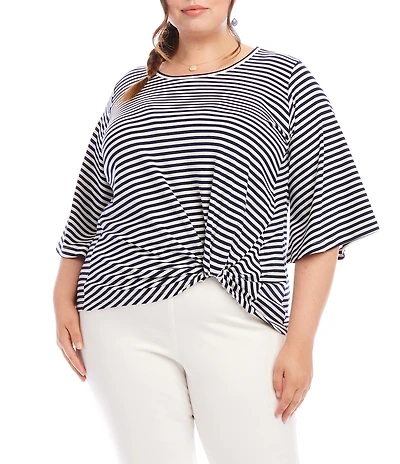 Karen Kane Plus Size Stripe Crew Neck 3/4 Flare Sleeve Pick-Up Top