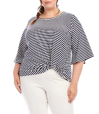 Karen Kane Plus Size Stripe Crew Neck 3/4 Flare Sleeve Pick-Up Top