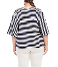 Karen Kane Plus Size Stripe Crew Neck 3/4 Flare Sleeve Pick-Up Top