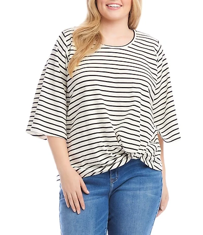 Karen Kane Plus Size Stripe Scoop Neck 3/4 Flare Sleeve Pick-Up Top