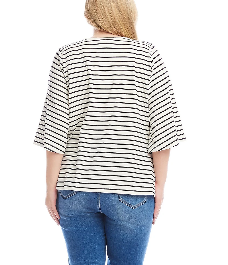 Karen Kane Plus Size Stripe Scoop Neck 3/4 Flare Sleeve Pick-Up Top