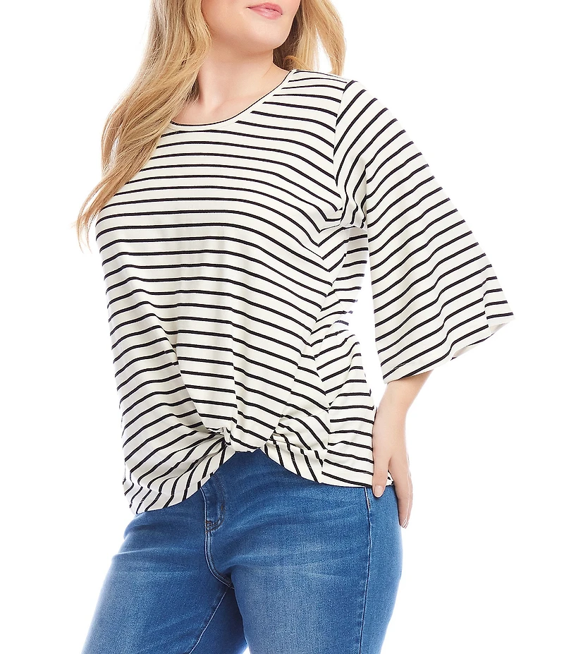 Karen Kane Plus Size Stripe Scoop Neck 3/4 Flare Sleeve Pick-Up Top