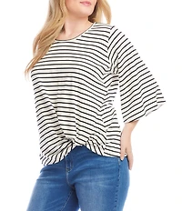 Karen Kane Plus Size Stripe Scoop Neck 3/4 Flare Sleeve Pick-Up Top