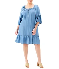Karen Kane Plus Size Tencel Split V-Neck 3/4 Flutter Sleeve Tiered Ruffle Hem Shift Dress