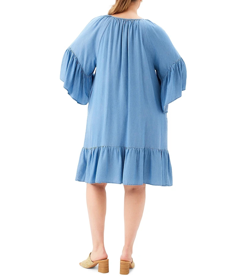 Karen Kane Plus Size Tencel Split V-Neck 3/4 Flutter Sleeve Tiered Ruffle Hem Shift Dress