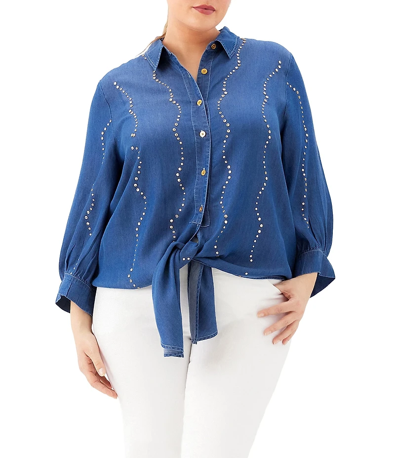 Karen Kane Plus Size Tencel Woven Embellished Point Collar 3/4 Sleeve Button Up Tie-Front Shirt