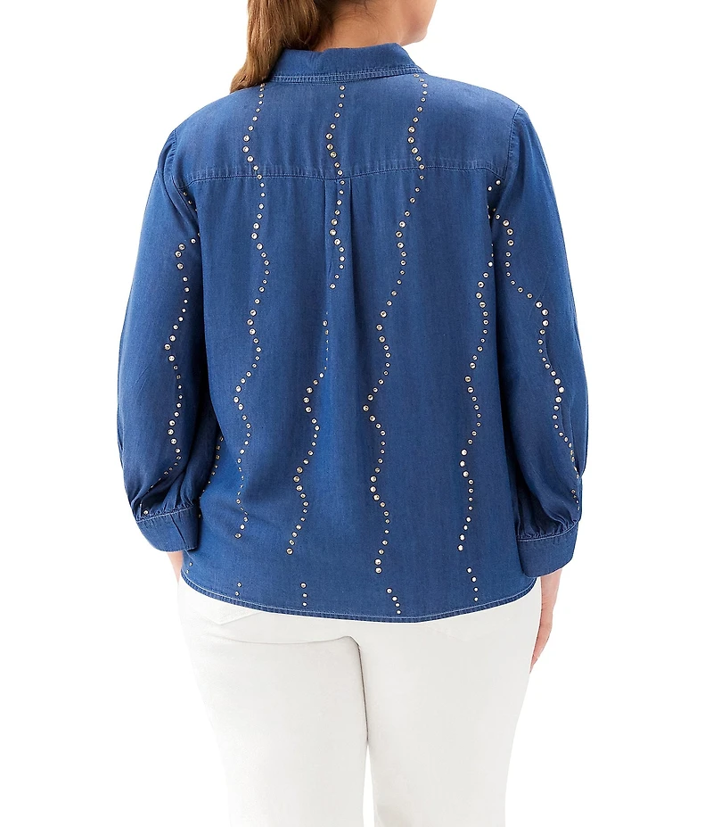 Karen Kane Plus Size Tencel Woven Embellished Point Collar 3/4 Sleeve Button Up Tie-Front Shirt