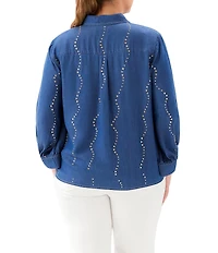 Karen Kane Plus Size Tencel Woven Embellished Point Collar 3/4 Sleeve Button Up Tie-Front Shirt
