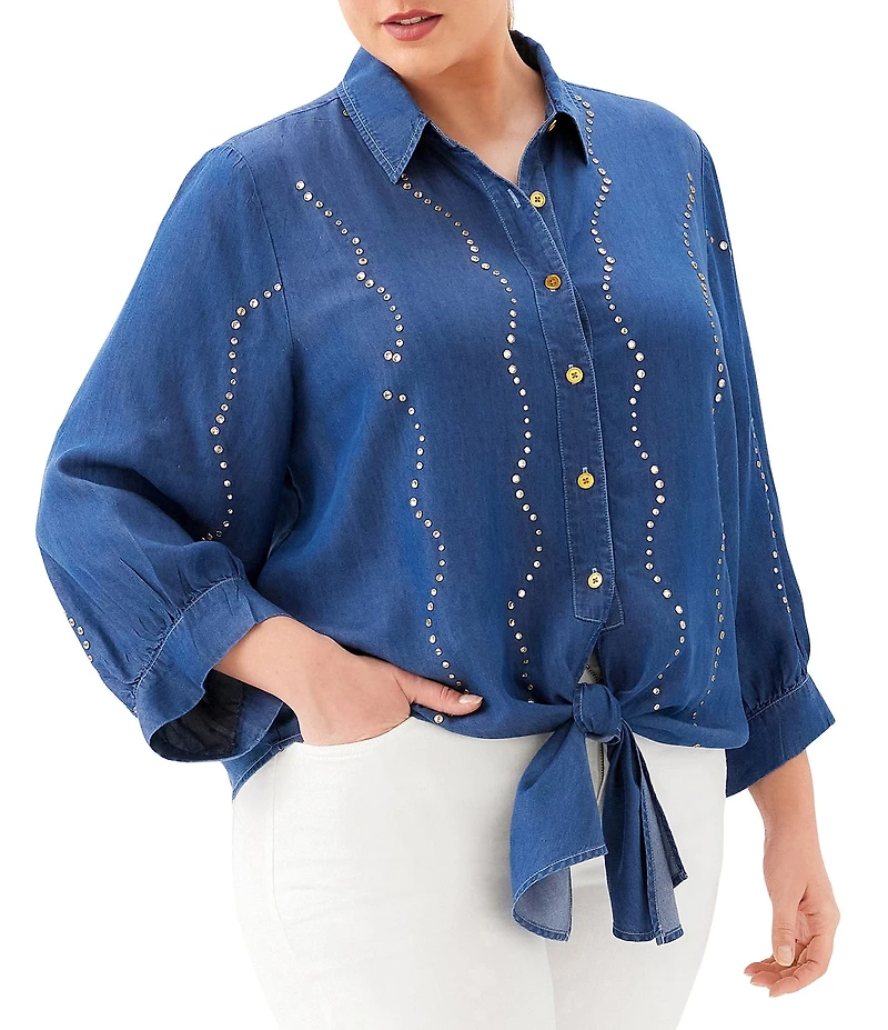 Karen Kane Plus Size Tencel Woven Embellished Point Collar 3/4 Sleeve Button Up Tie-Front Shirt