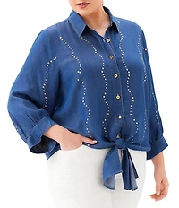 Karen Kane Plus Size Tencel Woven Embellished Point Collar 3/4 Sleeve Button Up Tie-Front Shirt