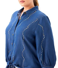 Karen Kane Plus Size Tencel Woven Embellished Point Collar 3/4 Sleeve Button Up Tie-Front Shirt