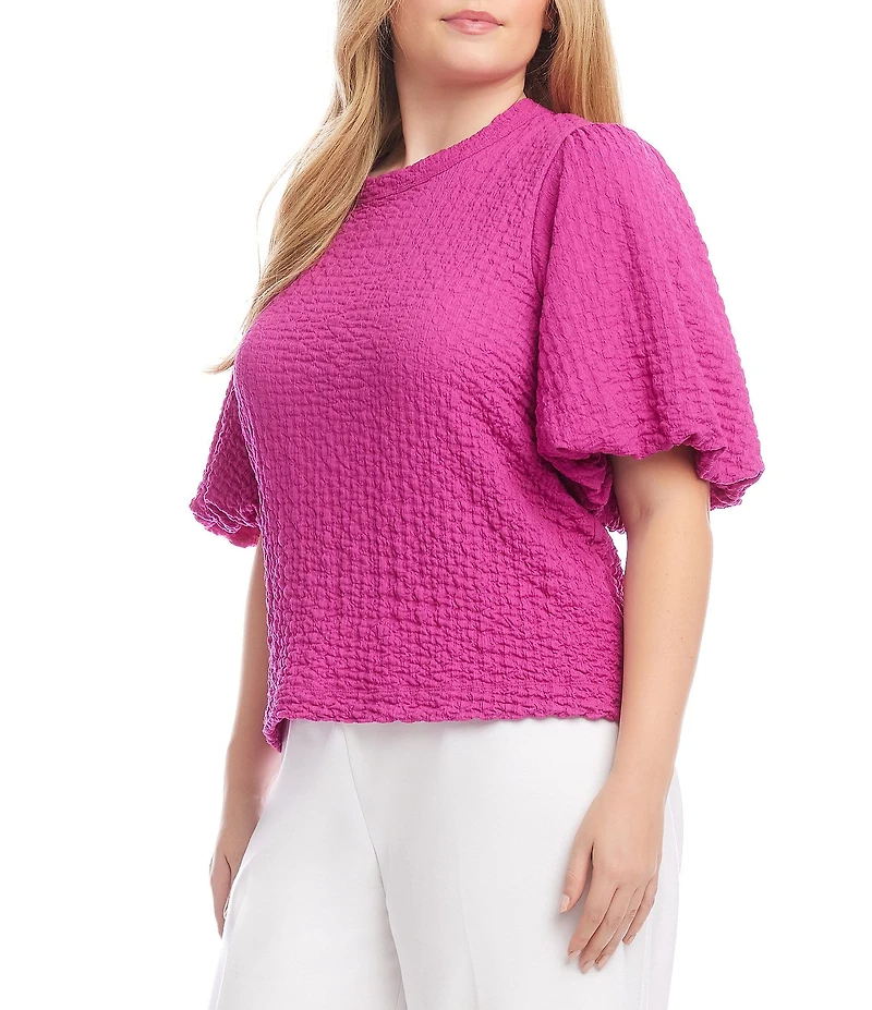 Karen Kane Plus Size Textured Knit Crew Neck Short Puff Sleeve Top